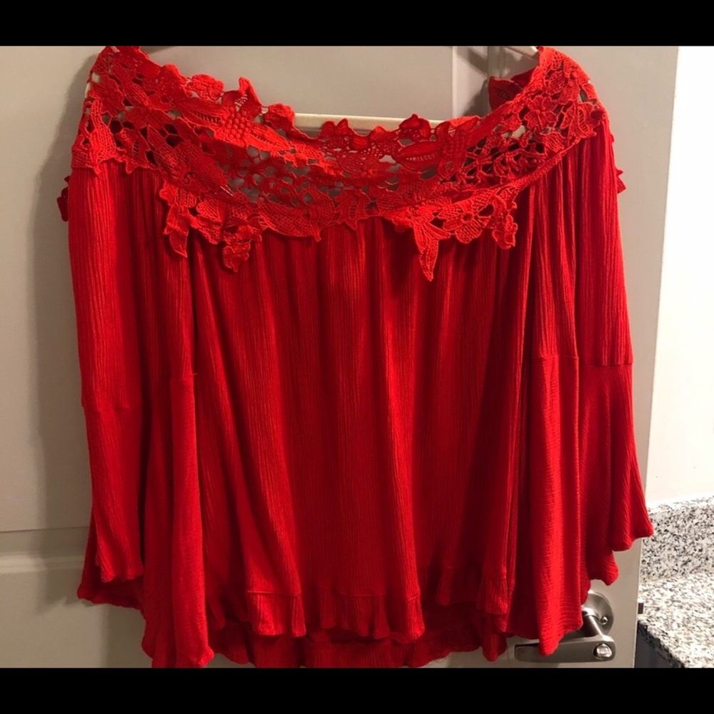Umgee red lace off the shoulder shirt